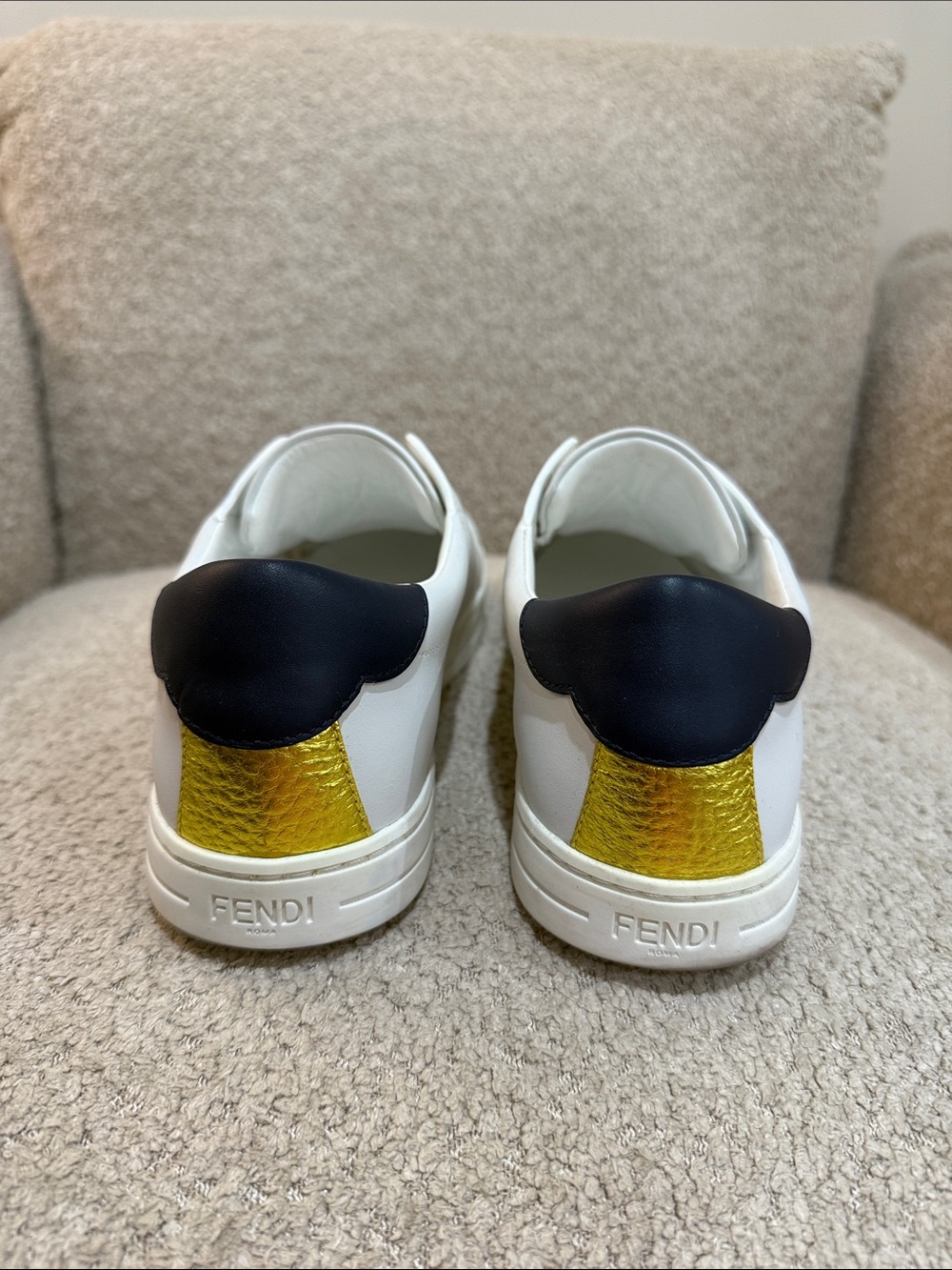 Fendi White Leather Slip-On Sneakers with Pink and Black Stripe - Picture 3 of 7